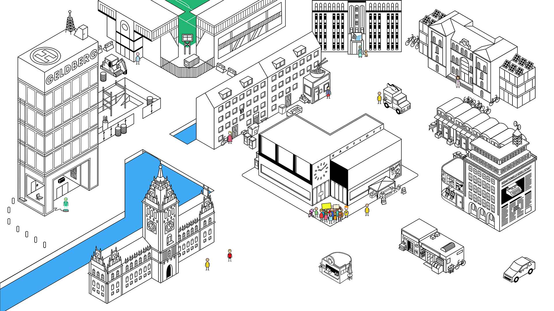The Citizen Quest city map, with a tall corporate building, the city hall building, a department store, and other smaller buildings.