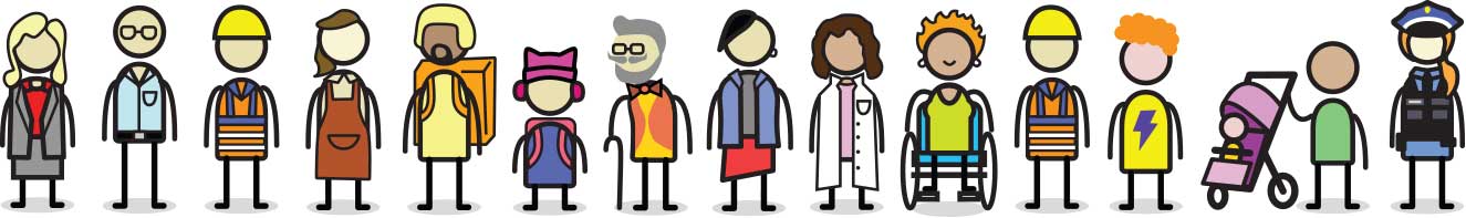 Citizen quest characters like the mayor, a journalist, a construction worker, a barista, a delivery person, a young girl, etc.